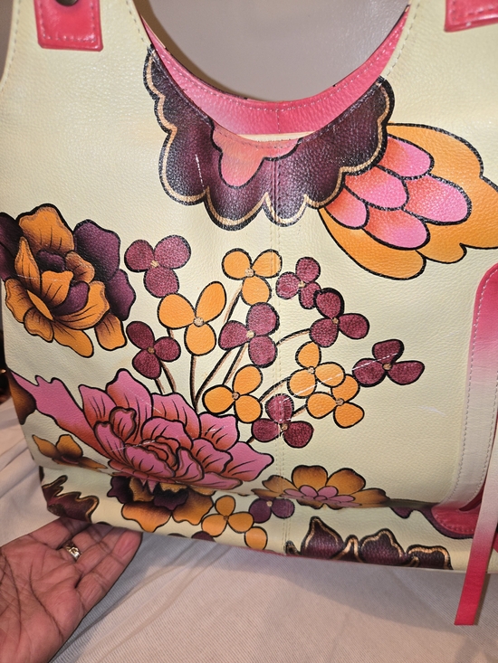 Handbags - Floral Print Cream Leather Shoulder Bag with Pink Accents